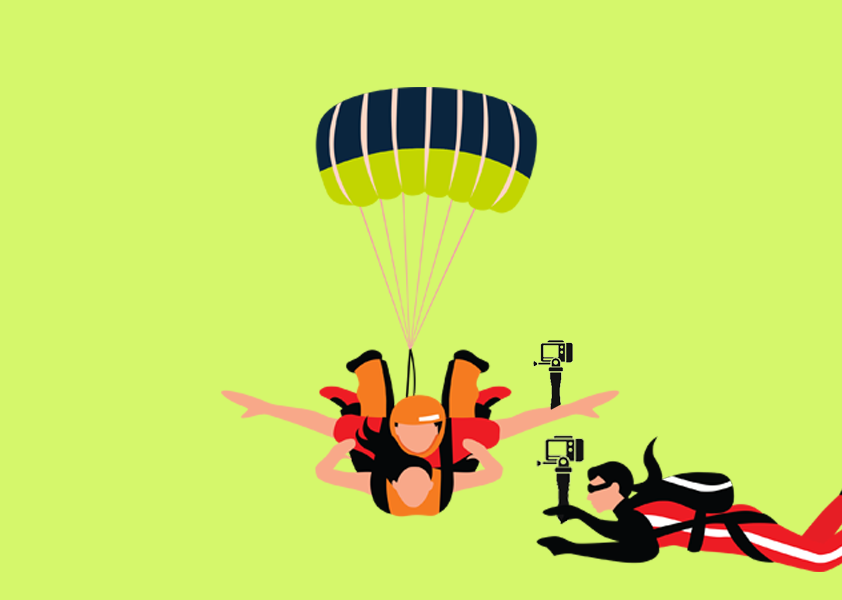 Tandem skydive for one guest with one hand-held and one exterior camera footage